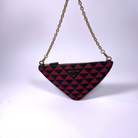 PRADA Red/Black Embroidered Triangle Jacquard Fabric Mini Bag - Picture 1 of 7
